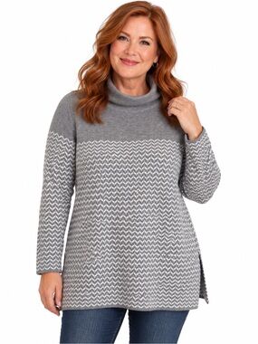 ASPEN Soft Chevron Cowl Neck Tunic Sweater - Gray/White - Size Large